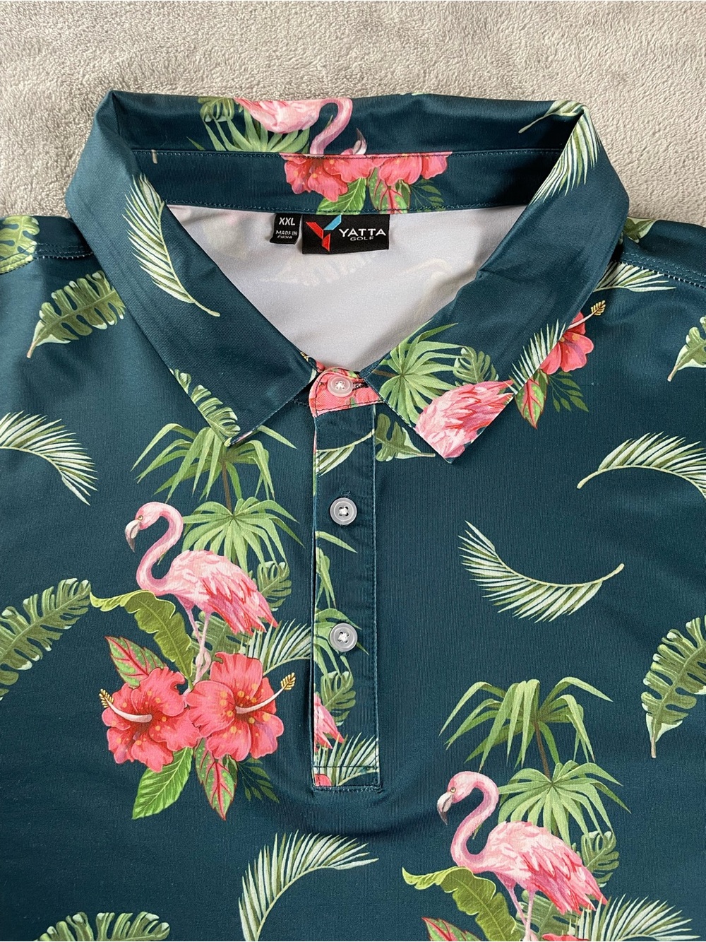 Yatta Golf Polo Shirt Mens 2XL slim ? Floral Flamingo Hawaiian Tropical vacation